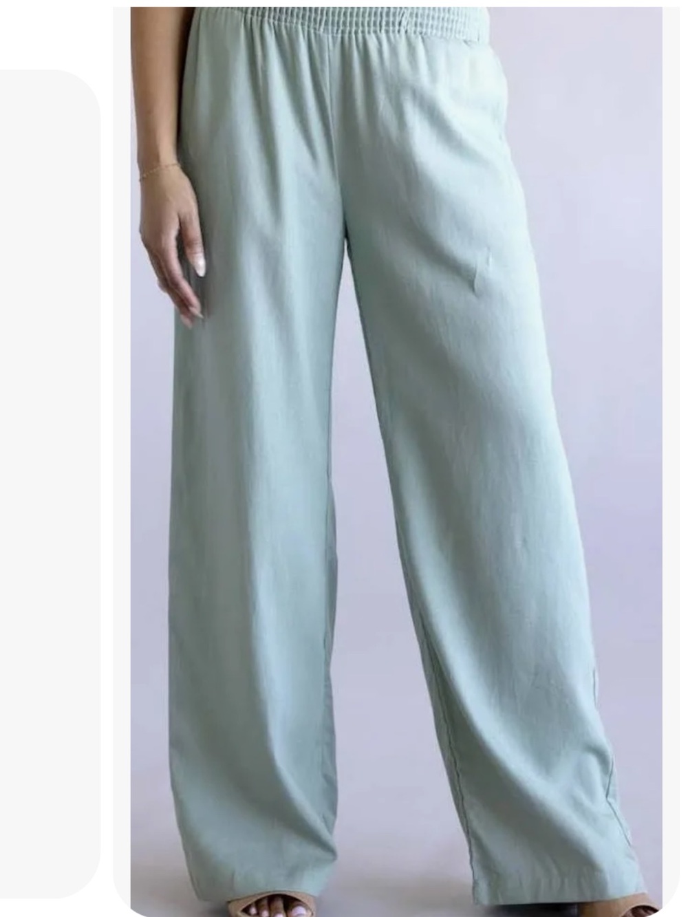 Love Tree Sage Green Wide-Leg Smocked Waist Linen Pants